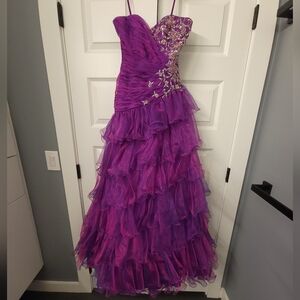 MeProm Color Change Two-Toned Strapless Fit & Flare Metallic Beaded Prom Dress